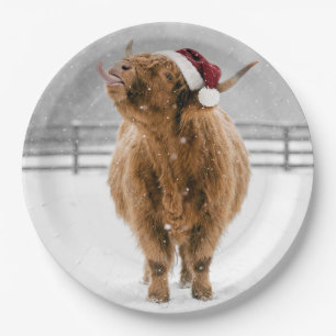 Christmas Highland Cow Licking Snowflakes Paper Plate