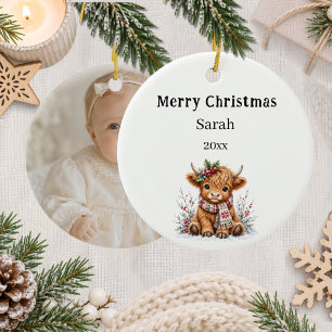 Christmas Highland cow photo Girl Ceramic Tree Decoration