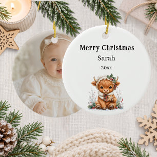 Christmas Highland cow photo Girl Ceramic Tree Decoration