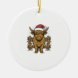 Christmas Highland Cow Santa Hat Vintage Engraving Ceramic Tree Decoration