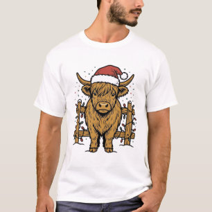 Christmas Highland Cow Santa Hat Vintage Engraving T-Shirt
