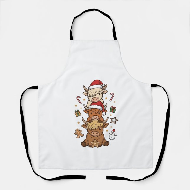 Christmas Highland Cow Stack Vintage Engraving Des Apron (Front)