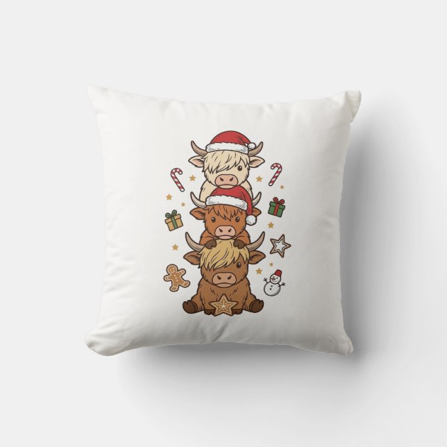Christmas Highland Cow Stack Vintage Engraving Des Cushion (Front)
