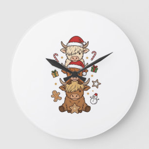 Christmas Highland Cow Stack Vintage Engraving Des Large Clock