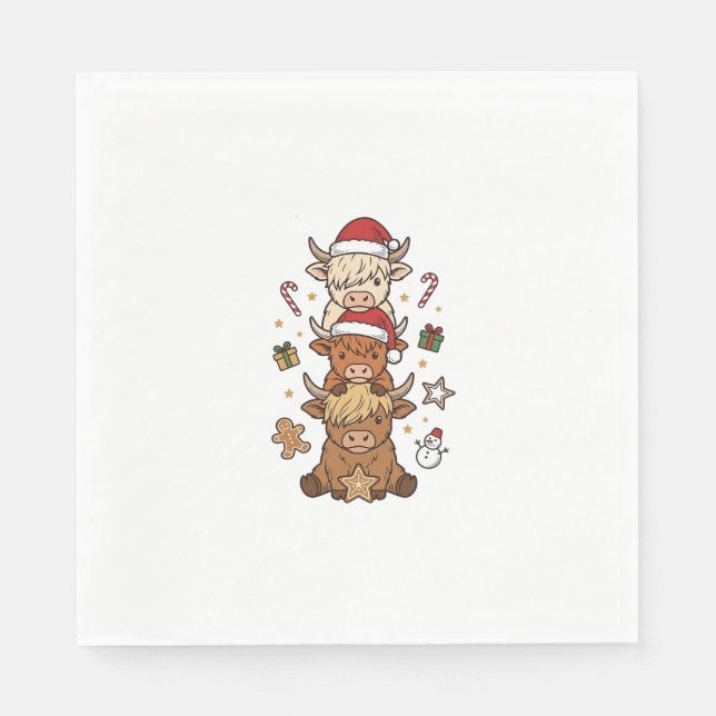 Christmas Highland Cow Stack Vintage Engraving Des Napkin (Front)