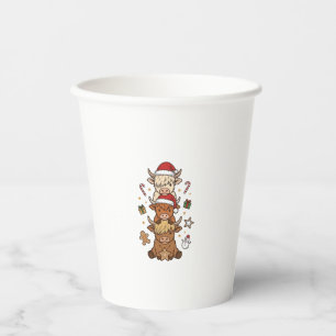 Christmas Highland Cow Stack Vintage Engraving Des Paper Cups