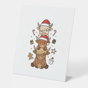 Christmas Highland Cow Stack Vintage Engraving Des Pedestal Sign