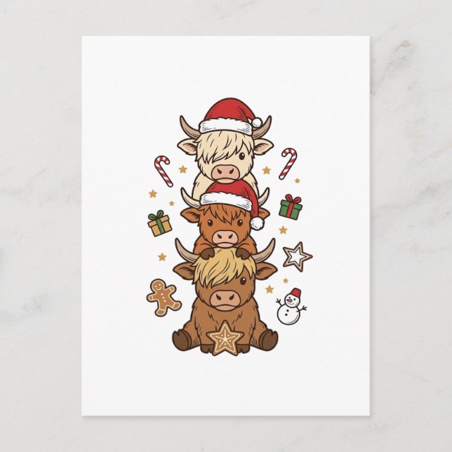 Christmas Highland Cow Stack Vintage Engraving Des Postcard (Front)