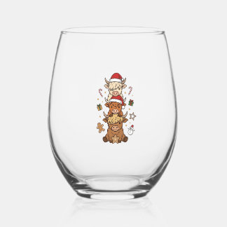 Christmas Highland Cow Stack Vintage Engraving Des Stemless Wine Glass