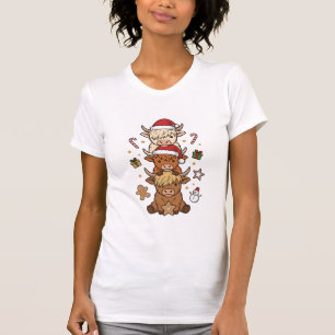 Christmas Highland Cow Stack Vintage Engraving Des T-Shirt