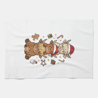 Christmas Highland Cow Stack Vintage Engraving Des Tea Towel