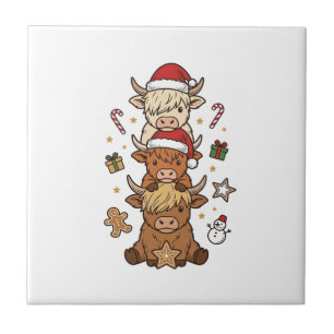 Christmas Highland Cow Stack Vintage Engraving Des Tile
