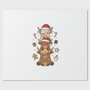 Christmas Highland Cow Stack Vintage Engraving Des Wrapping Paper