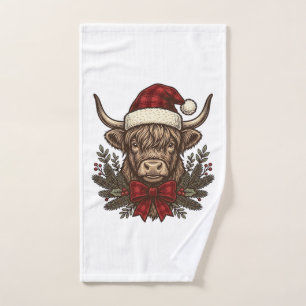 Christmas Highland Cow Vintage Engraving Design_1 Hand Towel