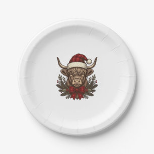 Christmas Highland Cow Vintage Engraving Design_1 Paper Plate
