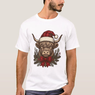 Christmas Highland Cow Vintage Engraving Design_1 T-Shirt