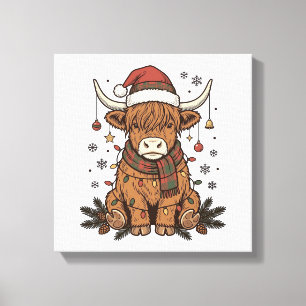 Christmas Highland Cow Vintage Engraving Design 2_ Canvas Print