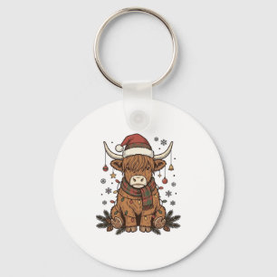 Christmas Highland Cow Vintage Engraving Design 2_ Key Ring