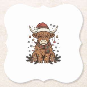 Christmas Highland Cow Vintage Engraving Design 2_ Paper Coaster