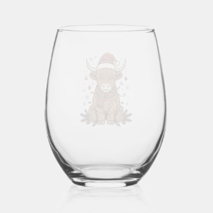 Christmas Highland Cow Vintage Engraving Design 2_ Stemless Wine Glass