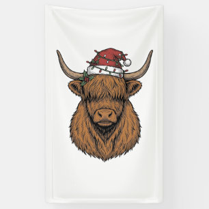 Christmas Highland Cow Vintage Engraving Santa Hat Banner