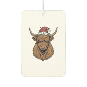 Christmas Highland Cow Vintage Engraving Santa Hat Car Air Freshener