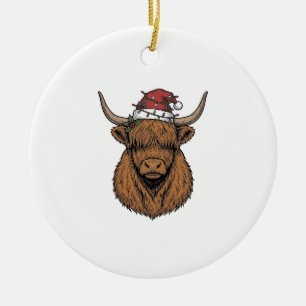 Christmas Highland Cow Vintage Engraving Santa Hat Ceramic Tree Decoration