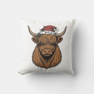 Christmas Highland Cow Vintage Engraving Santa Hat Cushion
