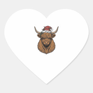 Christmas Highland Cow Vintage Engraving Santa Hat Heart Sticker