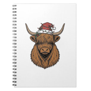 Christmas Highland Cow Vintage Engraving Santa Hat Notebook
