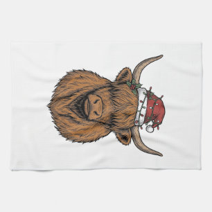Christmas Highland Cow Vintage Engraving Santa Hat Tea Towel