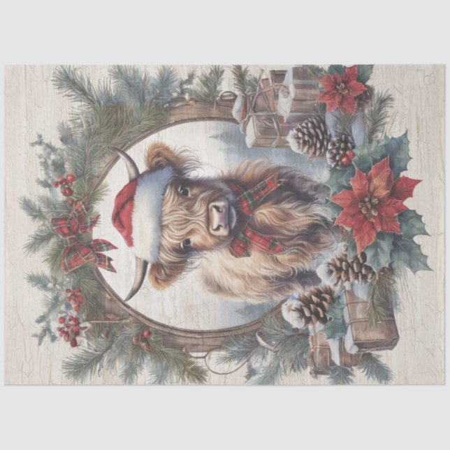 Christmas Highland Cow Vintage Wreath Decoupage Tissue Paper (Front)