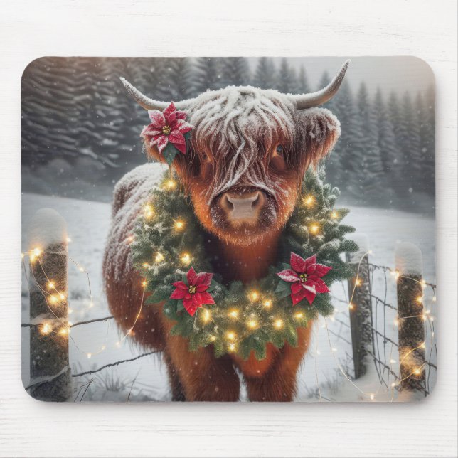 Christmas Highland Cow Wearing a Wreath Mouse Pad (Front)