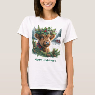 Christmas Highland Cow with Pine  T-Shirt