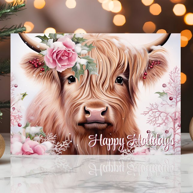 Christmas Highland Cow with Roses Happy Holidays Holiday Card (Creator Uploaded)