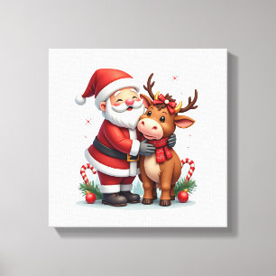 Christmas Highland Cow With Santa Scottish Vintage Canvas Print