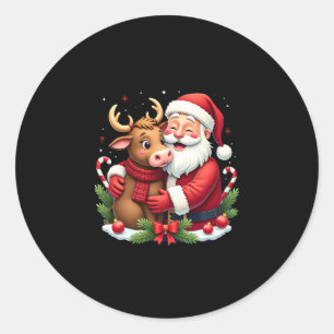 Christmas Highland Cow With Santa Scottish Vintage Classic Round Sticker