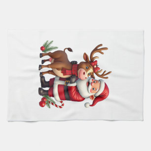 Christmas Highland Cow With Santa Scottish Vintage Tea Towel