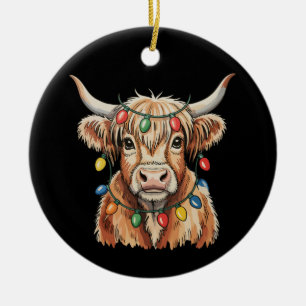 Christmas Highland Cow Xmas Lights Farm Holiday Ceramic Tree Decoration