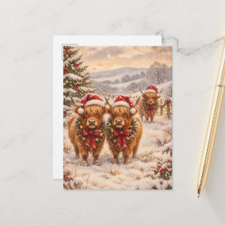 Christmas Highland Cows – Festive Watercolour Art Holiday Postcard