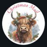 Christmas Highlander Cow Cute  Classic Round Sticker<br><div class="desc">Christmas Highlander Cow Cute Classic Round Sticker
Quickly Create & Customise Your Christmas PARTY Invitation. Click the "Customise it!" button to change the text size,  text colour,  font style and more! Matching items available in store!</div>