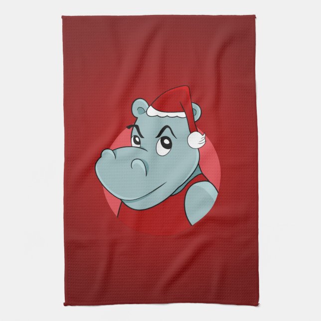 Christmas hippo cartoon tea towel (Vertical)