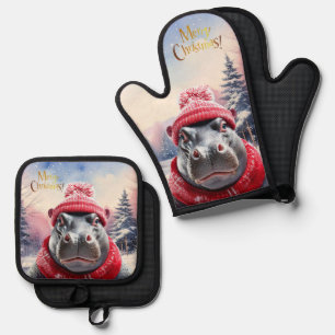 Christmas Hippo Santa hat and scarf Oven Mitt & Pot Holder Set