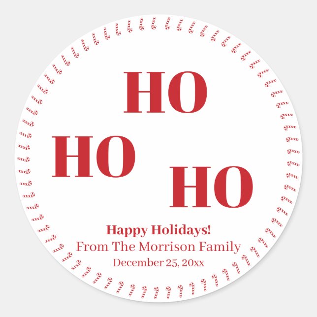 Christmas Ho Ho Ho custom name candy cane cute   Classic Round Sticker (Front)