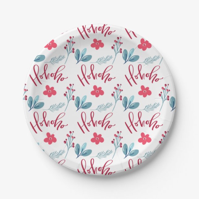 Christmas Ho Ho Ho Floral Holiday Party Paper Plate (Front)