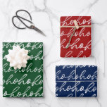 Christmas Ho Ho Ho Modern Handwritten Script Wrapping Paper Sheet<br><div class="desc">Classic Christmas “ho ho ho” wrapping paper set in traditional holiday colours delivers timeless charm with a modern flair. Featuring three coordinating sheets in deep evergreen, rich navy blue, and festive crimson red, each design showcases a repeating “ho ho ho” phrase in white handwritten script that adds a whimsical yet...</div>