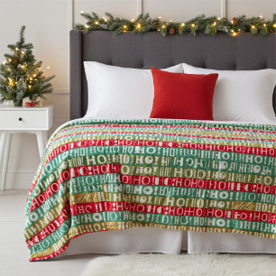 Christmas HO! HO! HO! Red Green and Gold Stripes Fleece Blanket