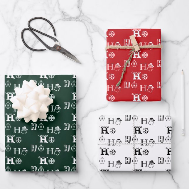 Christmas Ho Ho Ho red white dark green pattern Wrapping Paper Sheet (Front)