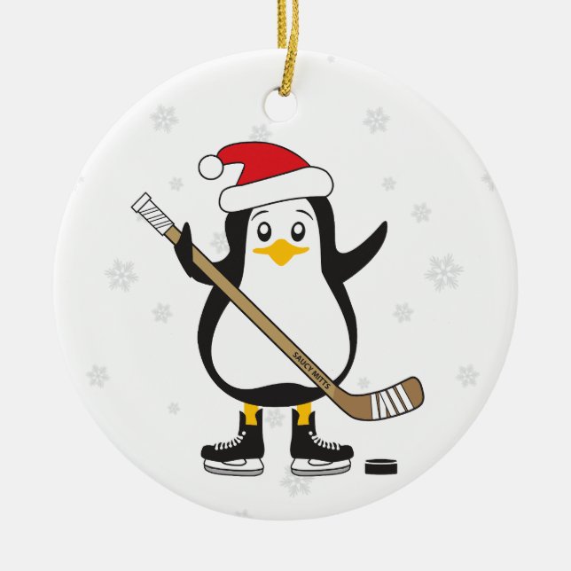 Christmas Hockey Penguin Ceramic Tree Decoration (Front)