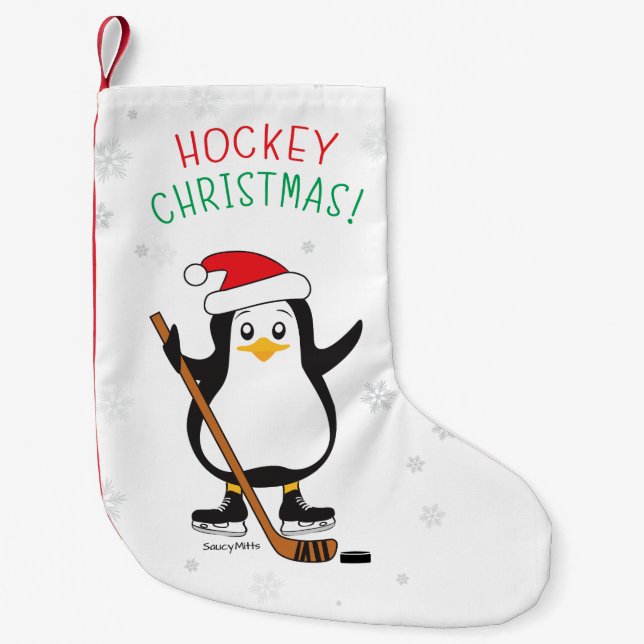 Christmas Hockey Penguin Small Christmas Stocking (Front)
